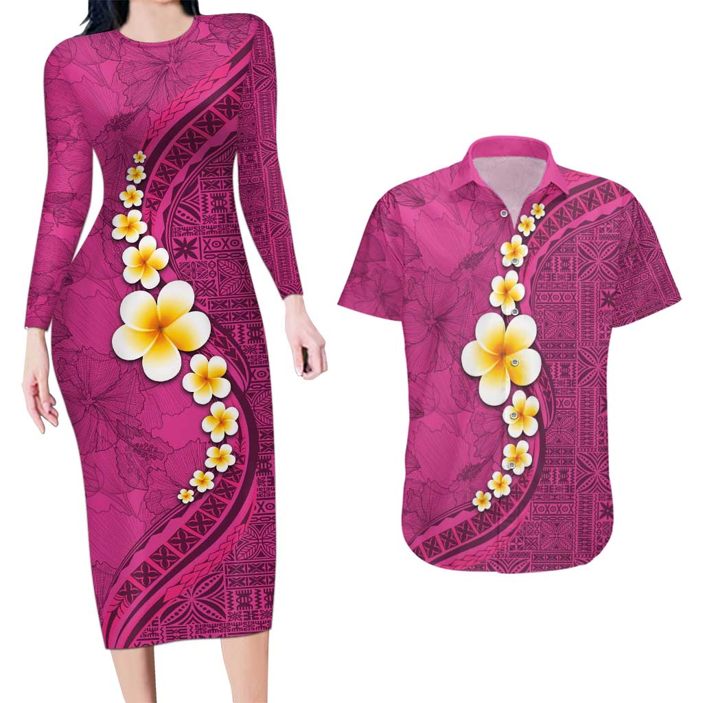 Polynesian Hibiscus and Plumeria with Tapa Pattern Couples Matching Long Sleeve Bodycon Dress and Hawaiian Shirt Pink Color