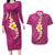 Polynesian Hibiscus and Plumeria with Tapa Pattern Couples Matching Long Sleeve Bodycon Dress and Hawaiian Shirt Pink Color