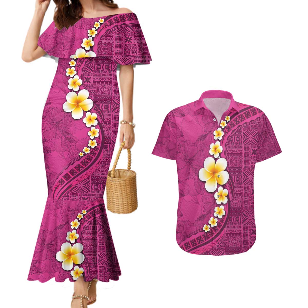 Polynesian Hibiscus and Plumeria with Tapa Pattern Couples Matching Mermaid Dress and Hawaiian Shirt Pink Color