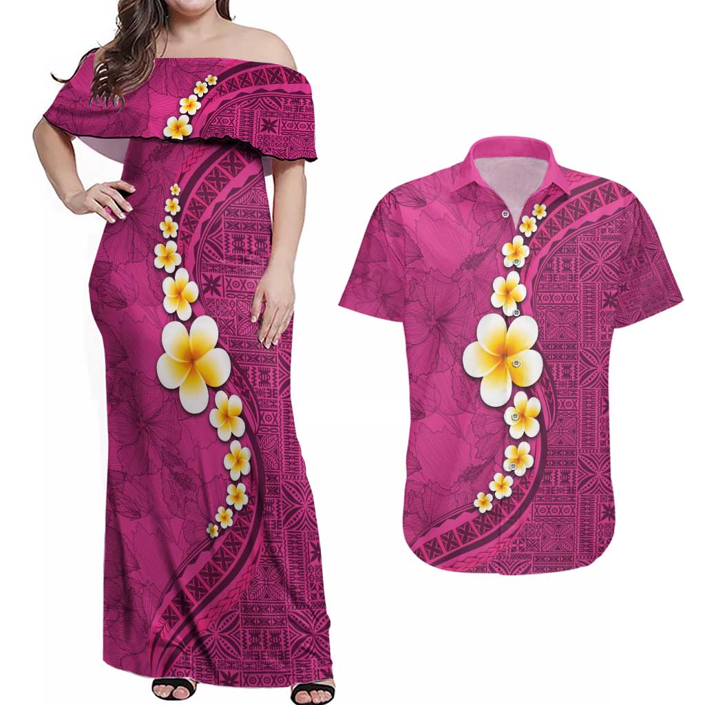 Polynesian Hibiscus and Plumeria with Tapa Pattern Couples Matching Off Shoulder Maxi Dress and Hawaiian Shirt Pink Color