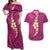 Polynesian Hibiscus and Plumeria with Tapa Pattern Couples Matching Off Shoulder Maxi Dress and Hawaiian Shirt Pink Color