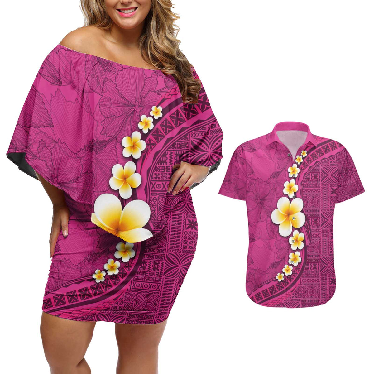 Polynesian Hibiscus and Plumeria with Tapa Pattern Couples Matching Off Shoulder Short Dress and Hawaiian Shirt Pink Color