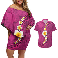 Polynesian Hibiscus and Plumeria with Tapa Pattern Couples Matching Off Shoulder Short Dress and Hawaiian Shirt Pink Color