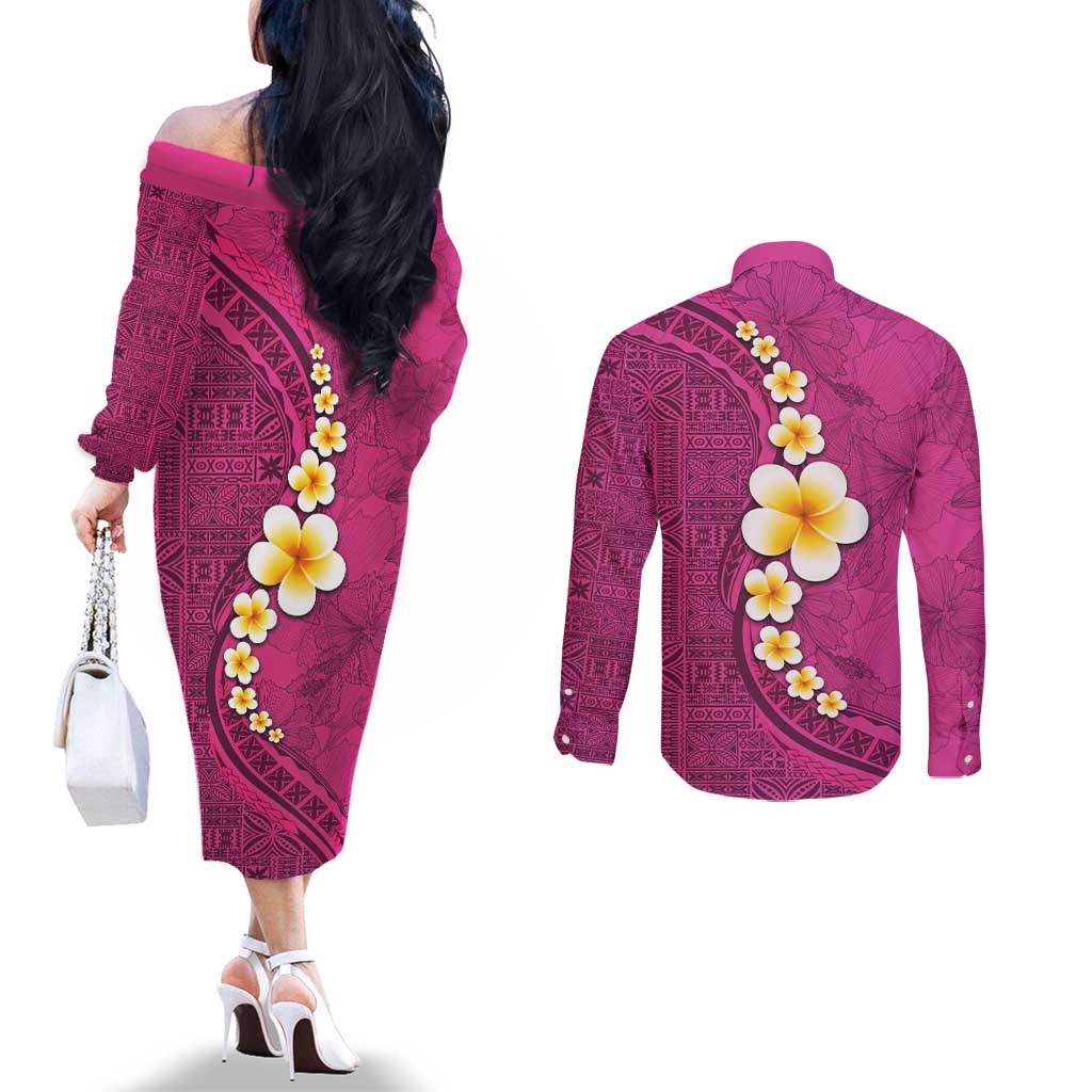 Polynesian Hibiscus and Plumeria with Tapa Pattern Couples Matching Off The Shoulder Long Sleeve Dress and Long Sleeve Button Shirt Pink Color