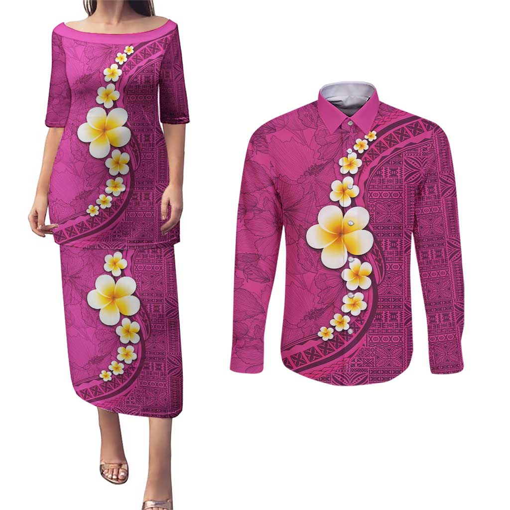 Polynesian Hibiscus and Plumeria with Tapa Pattern Couples Matching Puletasi and Long Sleeve Button Shirt Pink Color LT03 Pink - Polynesian Pride