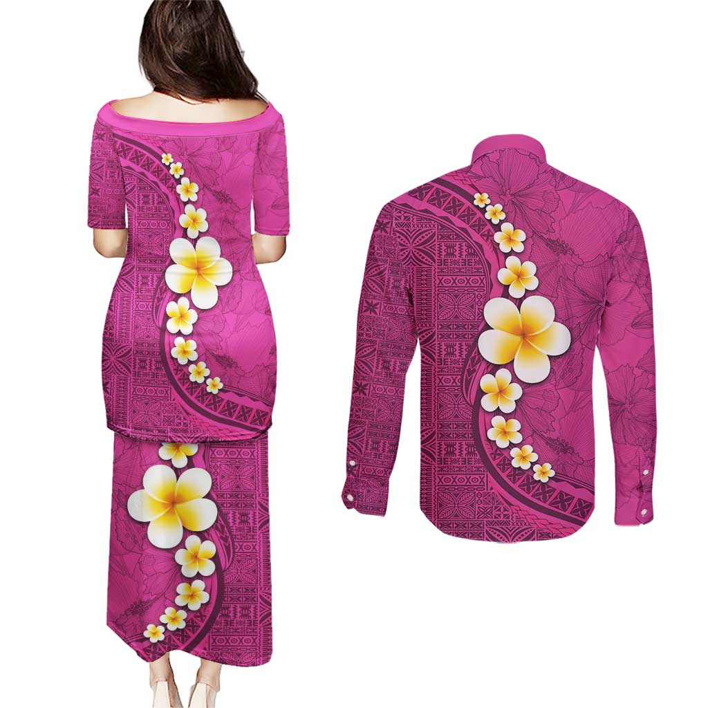 Polynesian Hibiscus and Plumeria with Tapa Pattern Couples Matching Puletasi and Long Sleeve Button Shirt Pink Color LT03 - Polynesian Pride