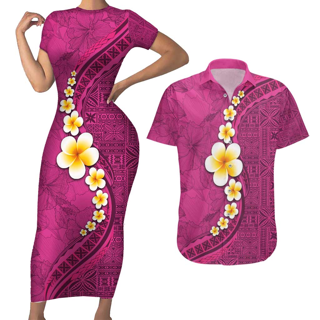 Polynesian Hibiscus and Plumeria with Tapa Pattern Couples Matching Short Sleeve Bodycon Dress and Hawaiian Shirt Pink Color