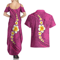 Polynesian Hibiscus and Plumeria with Tapa Pattern Couples Matching Summer Maxi Dress and Hawaiian Shirt Pink Color
