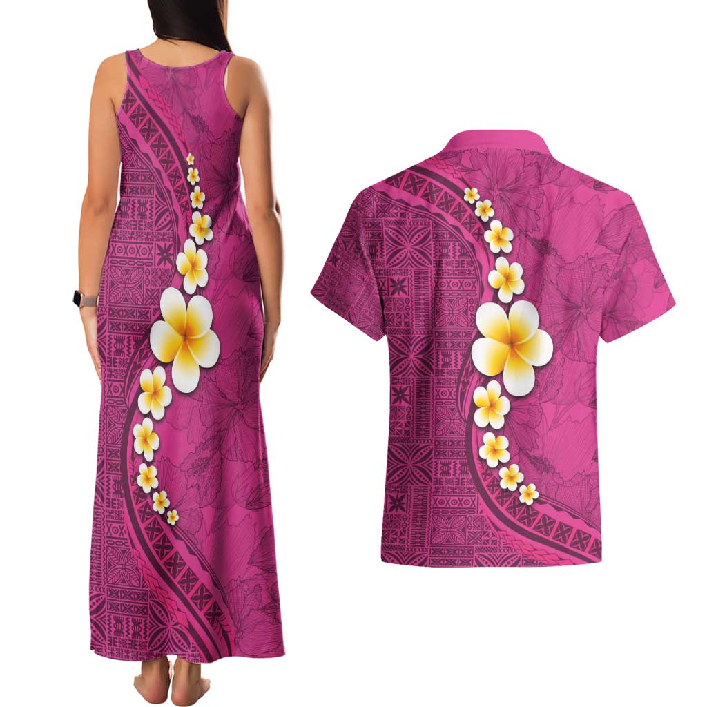 Polynesian Hibiscus and Plumeria with Tapa Pattern Couples Matching Tank Maxi Dress and Hawaiian Shirt Pink Color