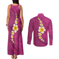 Polynesian Hibiscus and Plumeria with Tapa Pattern Couples Matching Tank Maxi Dress and Long Sleeve Button Shirt Pink Color