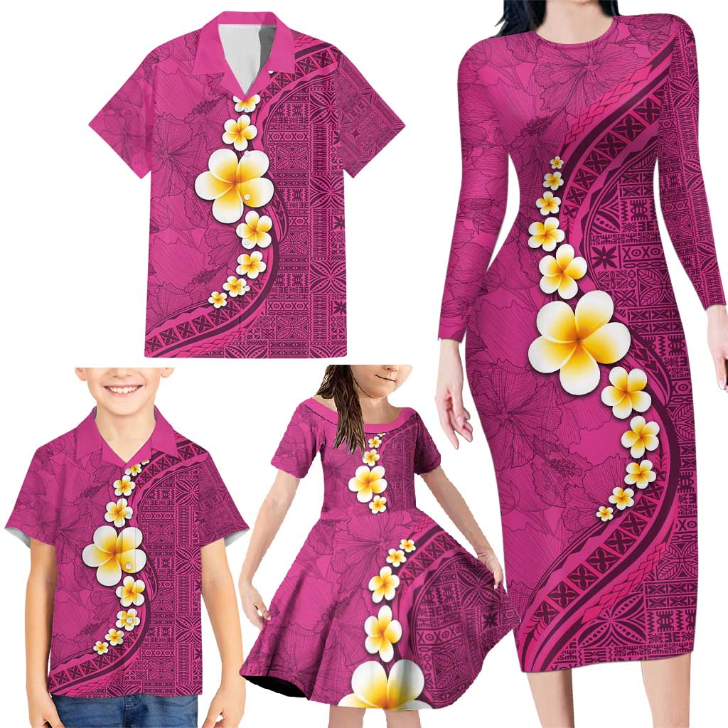 Polynesian Hibiscus and Plumeria with Tapa Pattern Family Matching Long Sleeve Bodycon Dress and Hawaiian Shirt Pink Color