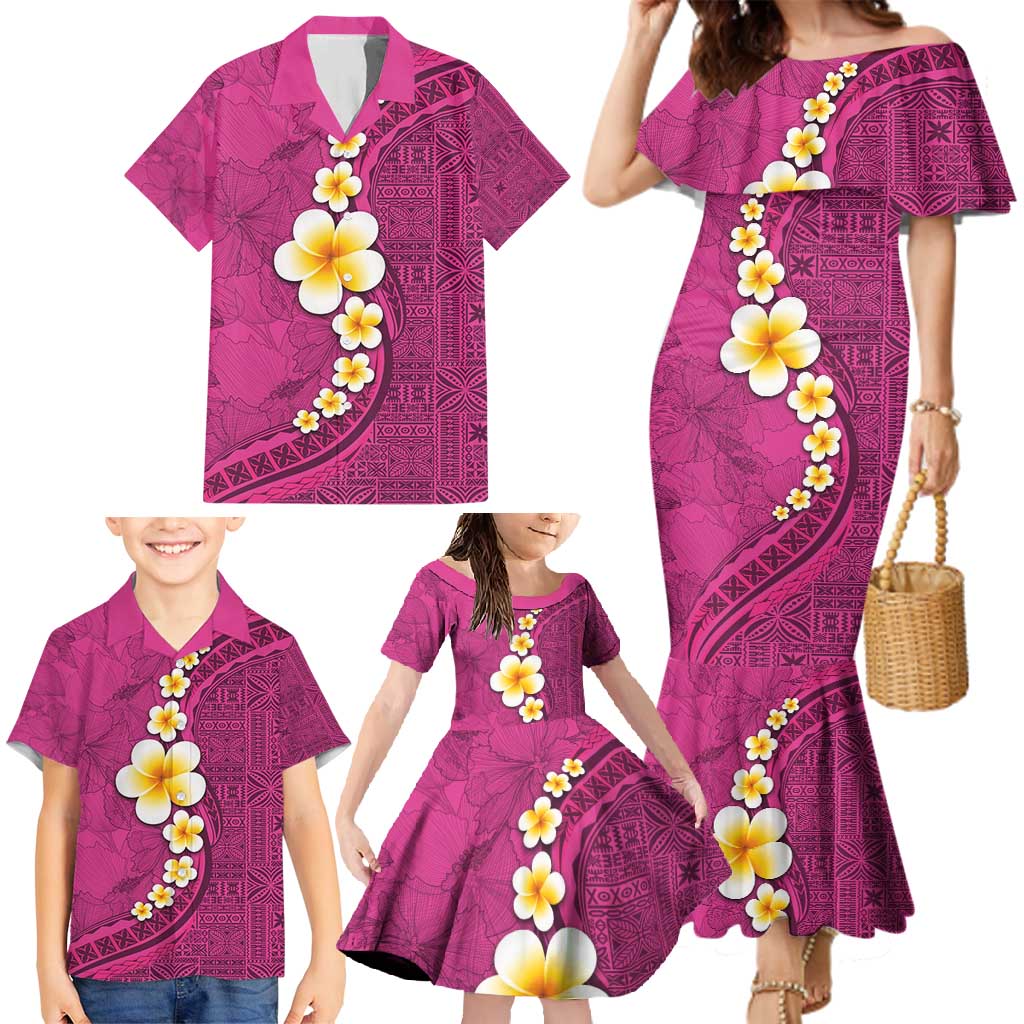 Polynesian Hibiscus and Plumeria with Tapa Pattern Family Matching Mermaid Dress and Hawaiian Shirt Pink Color