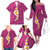 Polynesian Hibiscus and Plumeria with Tapa Pattern Family Matching Off The Shoulder Long Sleeve Dress and Hawaiian Shirt Pink Color