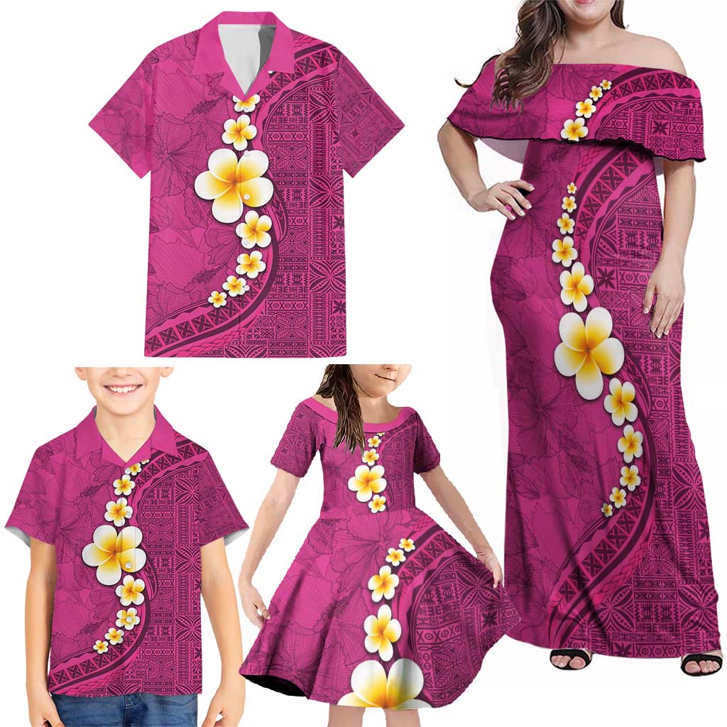 Polynesian Hibiscus and Plumeria with Tapa Pattern Family Matching Off Shoulder Maxi Dress and Hawaiian Shirt Pink Color