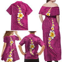 Polynesian Hibiscus and Plumeria with Tapa Pattern Family Matching Off Shoulder Maxi Dress and Hawaiian Shirt Pink Color