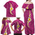 Polynesian Hibiscus and Plumeria with Tapa Pattern Family Matching Off Shoulder Maxi Dress and Hawaiian Shirt Pink Color