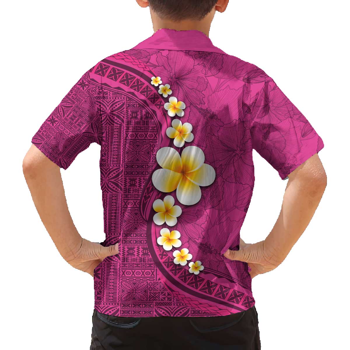 Polynesian Hibiscus and Plumeria with Tapa Pattern Family Matching Off Shoulder Short Dress and Hawaiian Shirt Pink Color