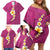 Polynesian Hibiscus and Plumeria with Tapa Pattern Family Matching Off Shoulder Short Dress and Hawaiian Shirt Pink Color