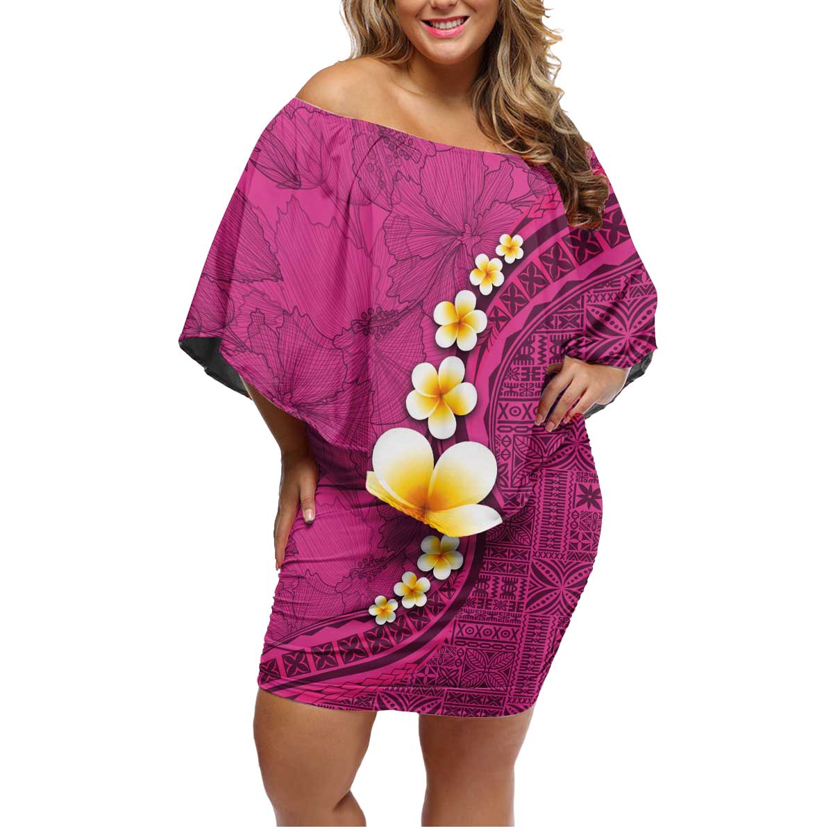 Polynesian Hibiscus and Plumeria with Tapa Pattern Family Matching Off Shoulder Short Dress and Hawaiian Shirt Pink Color