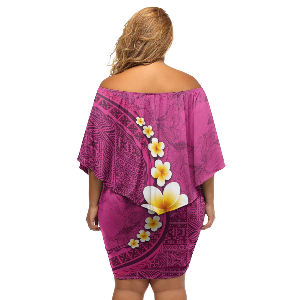 Polynesian Hibiscus and Plumeria with Tapa Pattern Family Matching Off Shoulder Short Dress and Hawaiian Shirt Pink Color