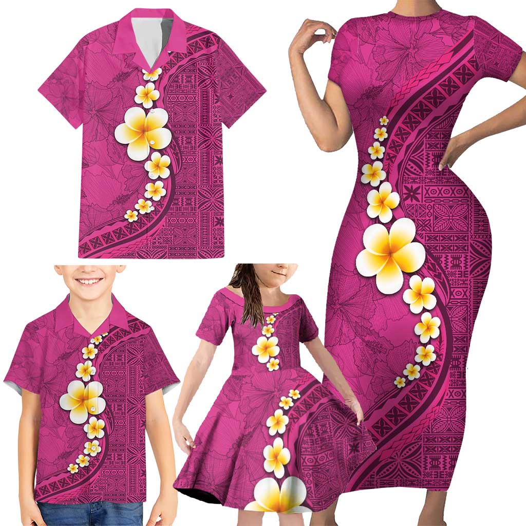 Polynesian Hibiscus and Plumeria with Tapa Pattern Family Matching Short Sleeve Bodycon Dress and Hawaiian Shirt Pink Color