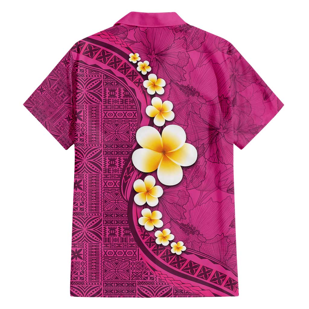 Polynesian Hibiscus and Plumeria with Tapa Pattern Family Matching Short Sleeve Bodycon Dress and Hawaiian Shirt Pink Color