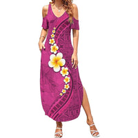 Polynesian Hibiscus and Plumeria with Tapa Pattern Family Matching Summer Maxi Dress and Hawaiian Shirt Pink Color