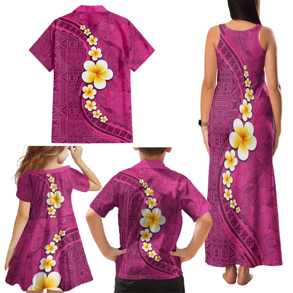 Polynesian Hibiscus and Plumeria with Tapa Pattern Family Matching Tank Maxi Dress and Hawaiian Shirt Pink Color