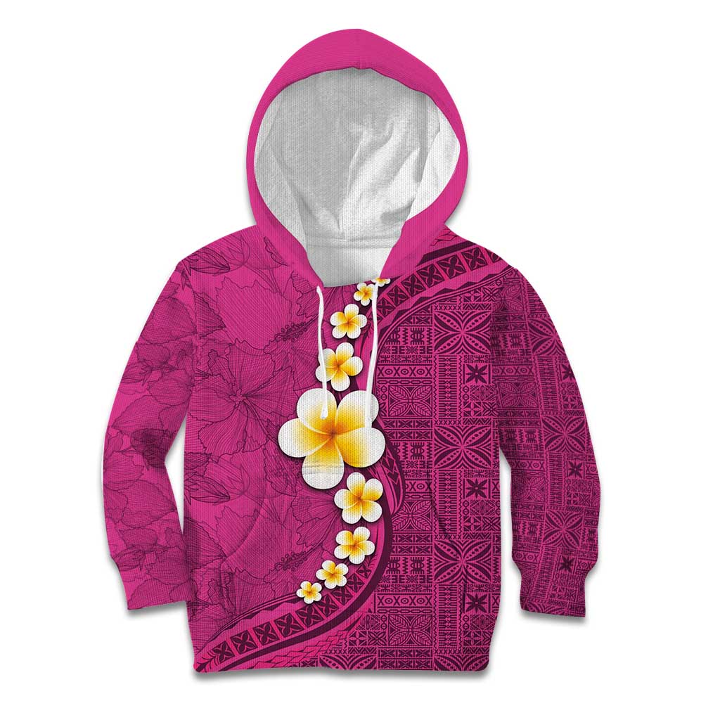 Polynesian Hibiscus and Plumeria with Tapa Pattern Kid Hoodie Pink Color