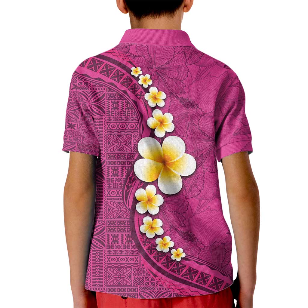 Polynesian Hibiscus and Plumeria with Tapa Pattern Kid Polo Shirt Pink Color
