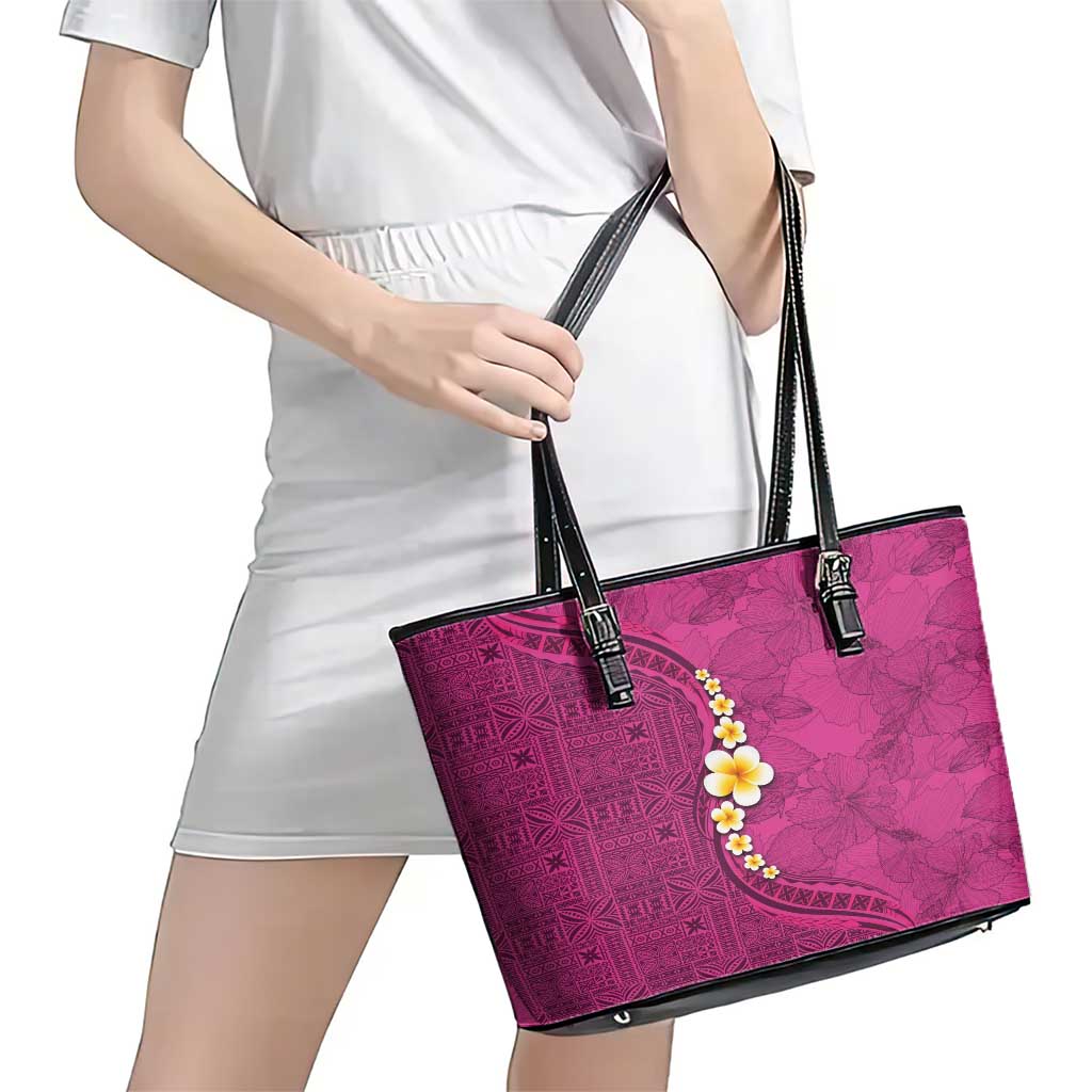 Polynesian Hibiscus and Plumeria with Tapa Pattern Leather Tote Bag Pink Color LT03 - Polynesian Pride