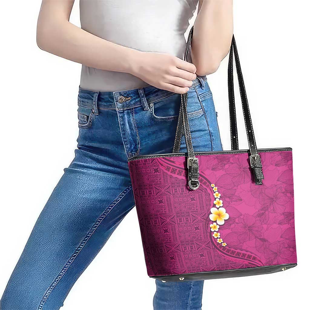 Polynesian Hibiscus and Plumeria with Tapa Pattern Leather Tote Bag Pink Color LT03 - Polynesian Pride