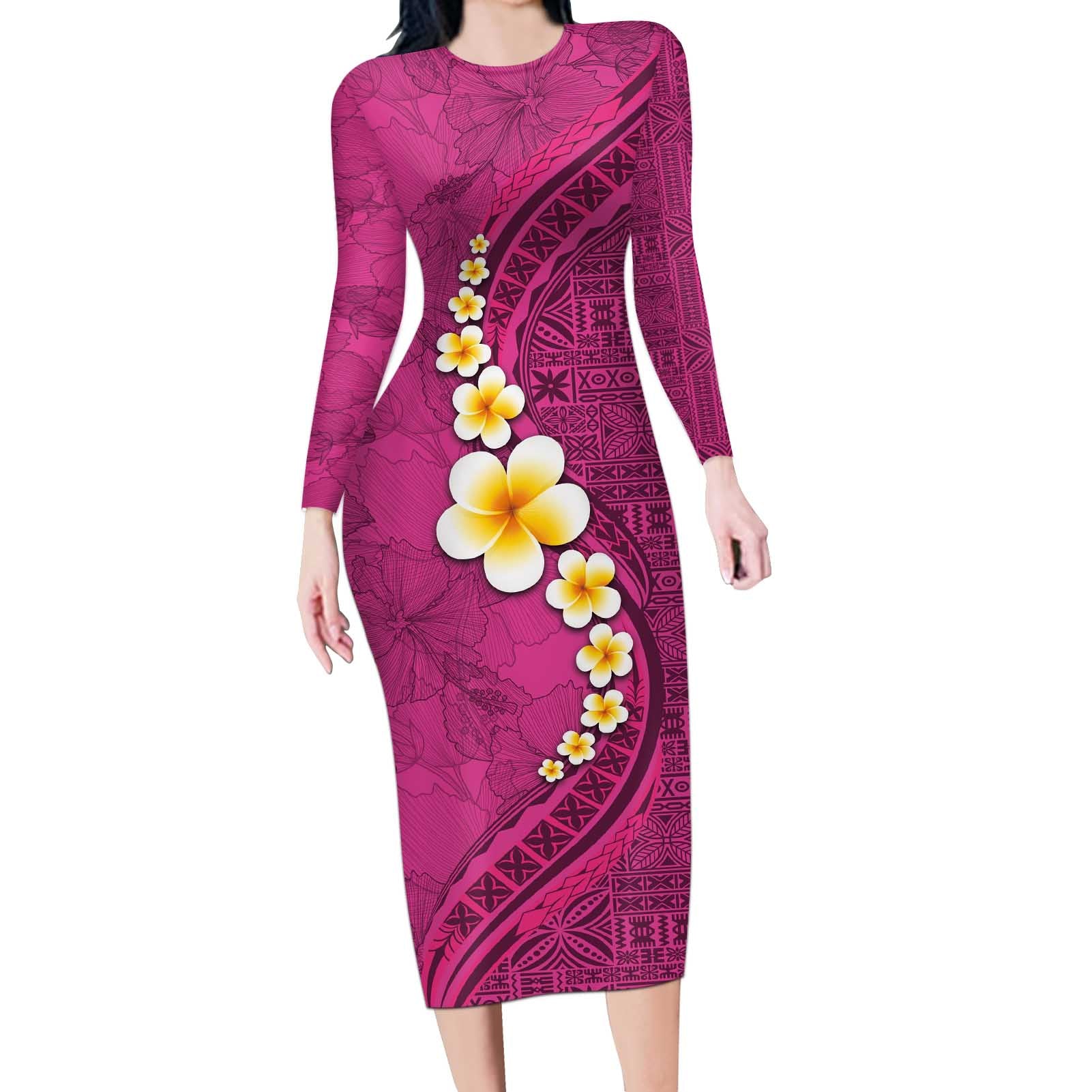 Polynesian Hibiscus and Plumeria with Tapa Pattern Long Sleeve Bodycon Dress Pink Color