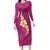 Polynesian Hibiscus and Plumeria with Tapa Pattern Long Sleeve Bodycon Dress Pink Color