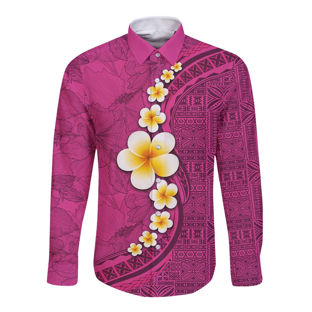 Polynesian Hibiscus and Plumeria with Tapa Pattern Long Sleeve Button Shirt Pink Color