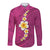 Polynesian Hibiscus and Plumeria with Tapa Pattern Long Sleeve Button Shirt Pink Color