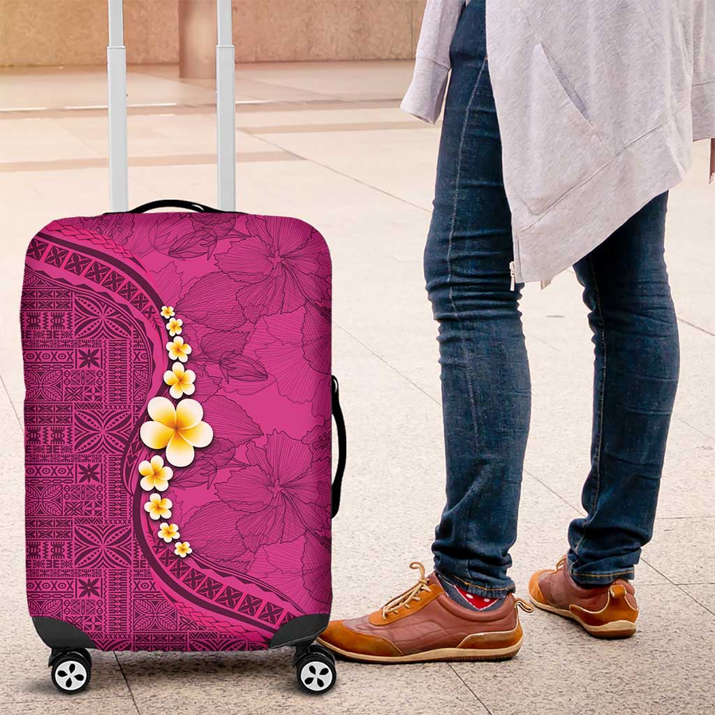 Polynesian Hibiscus and Plumeria with Tapa Pattern Luggage Cover Pink Color