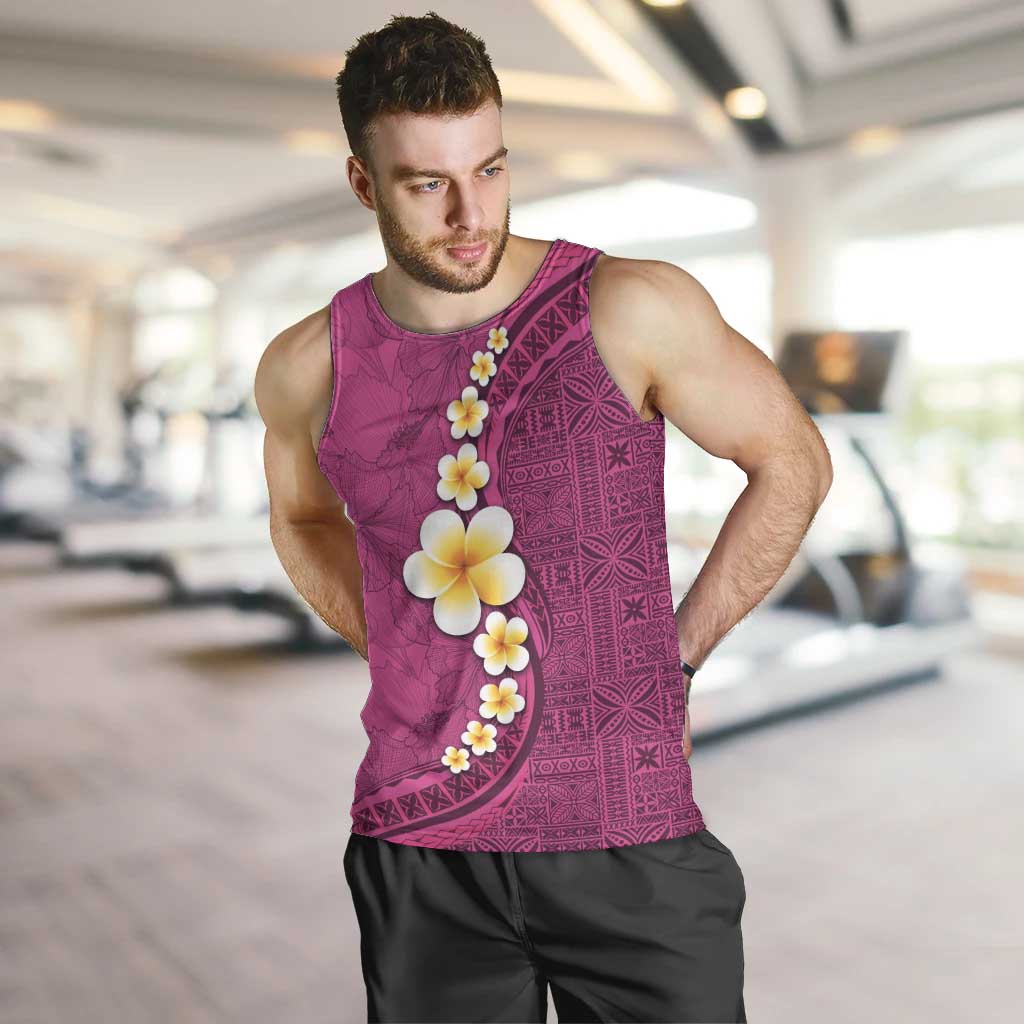 Polynesian Hibiscus and Plumeria with Tapa Pattern Men Tank Top Pink Color