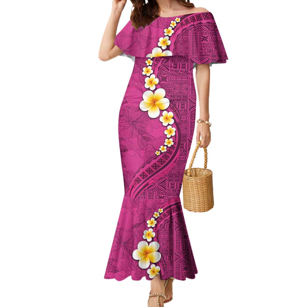 Polynesian Hibiscus and Plumeria with Tapa Pattern Mermaid Dress Pink Color