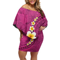 Polynesian Hibiscus and Plumeria with Tapa Pattern Off Shoulder Short Dress Pink Color LT03 Women Pink - Polynesian Pride