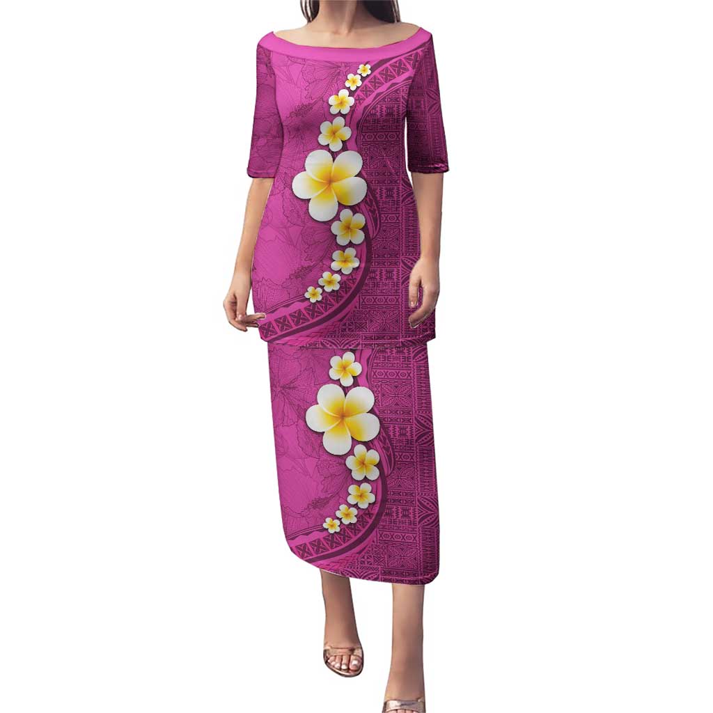 Polynesian Hibiscus and Plumeria with Tapa Pattern Puletasi Pink Color LT03 Long Dress Pink - Polynesian Pride