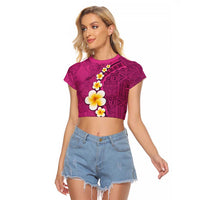 Polynesian Hibiscus and Plumeria with Tapa Pattern Raglan Cropped T Shirt Pink Color