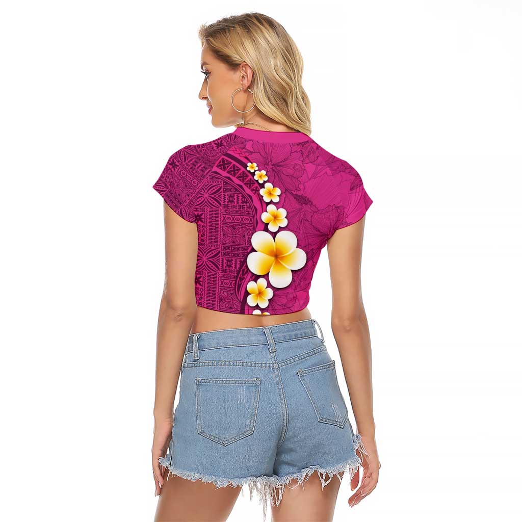 Polynesian Hibiscus and Plumeria with Tapa Pattern Raglan Cropped T Shirt Pink Color