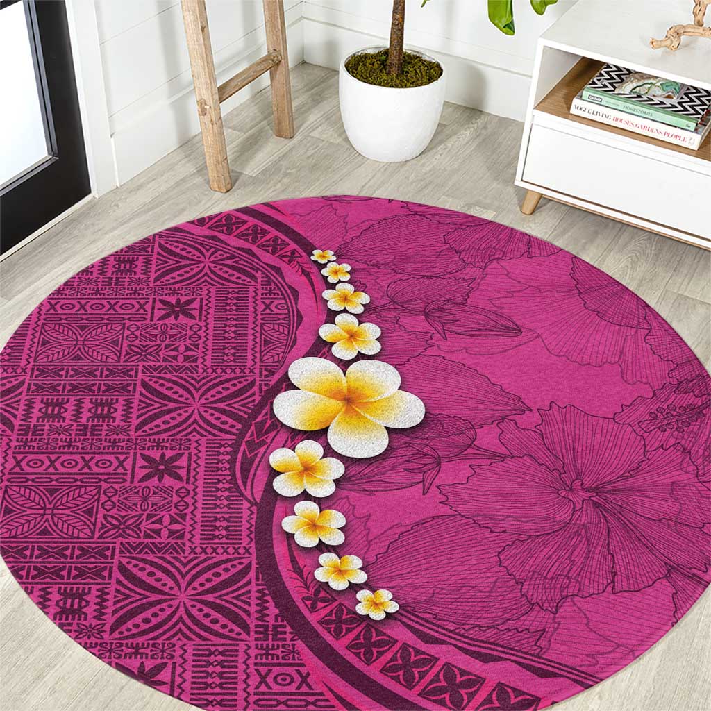 Polynesian Hibiscus and Plumeria with Tapa Pattern Round Carpet Pink Color