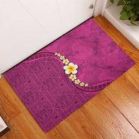 Polynesian Hibiscus and Plumeria with Tapa Pattern Rubber Doormat Pink Color