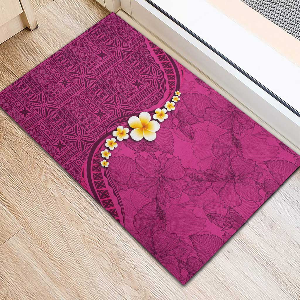 Polynesian Hibiscus and Plumeria with Tapa Pattern Rubber Doormat Pink Color