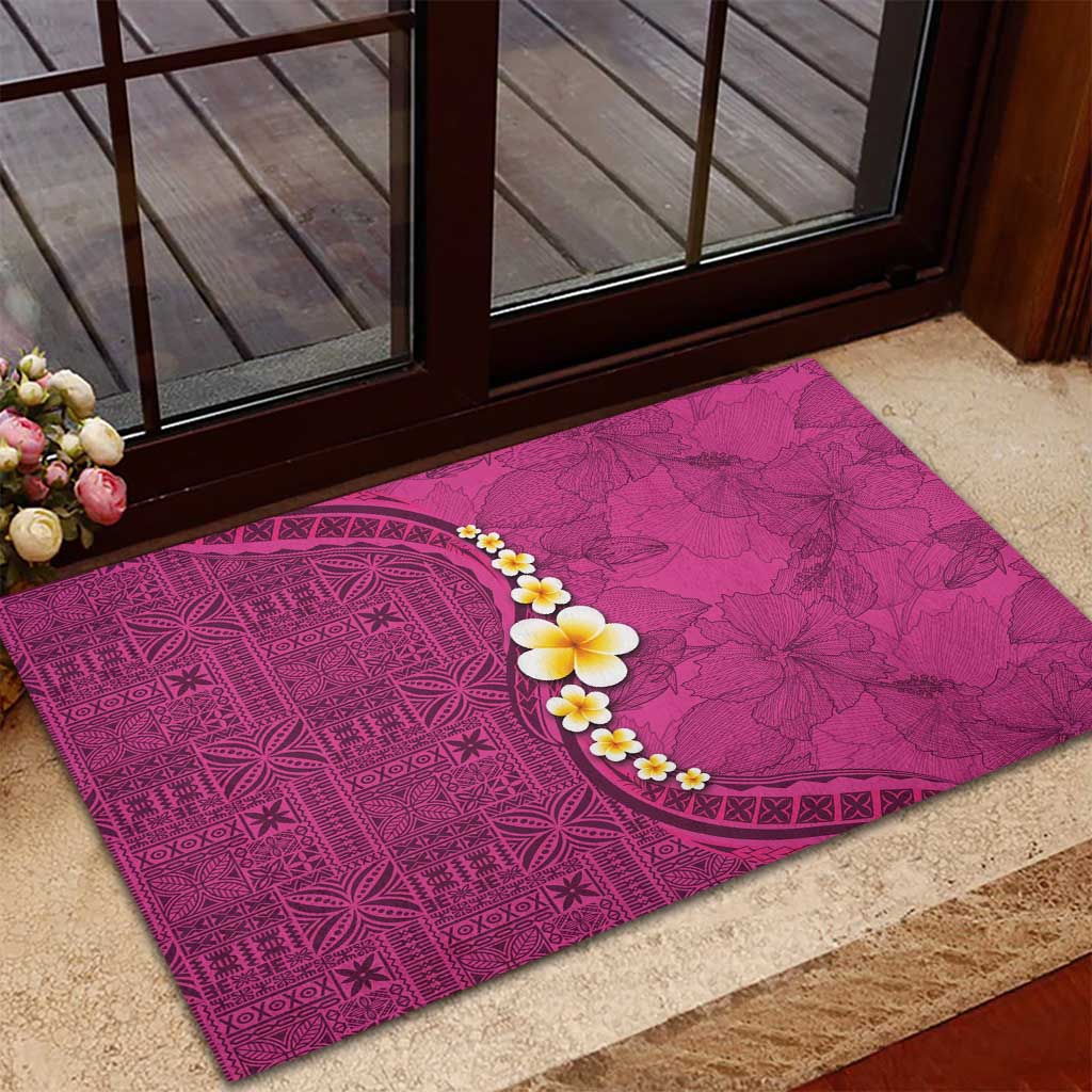 Polynesian Hibiscus and Plumeria with Tapa Pattern Rubber Doormat Pink Color