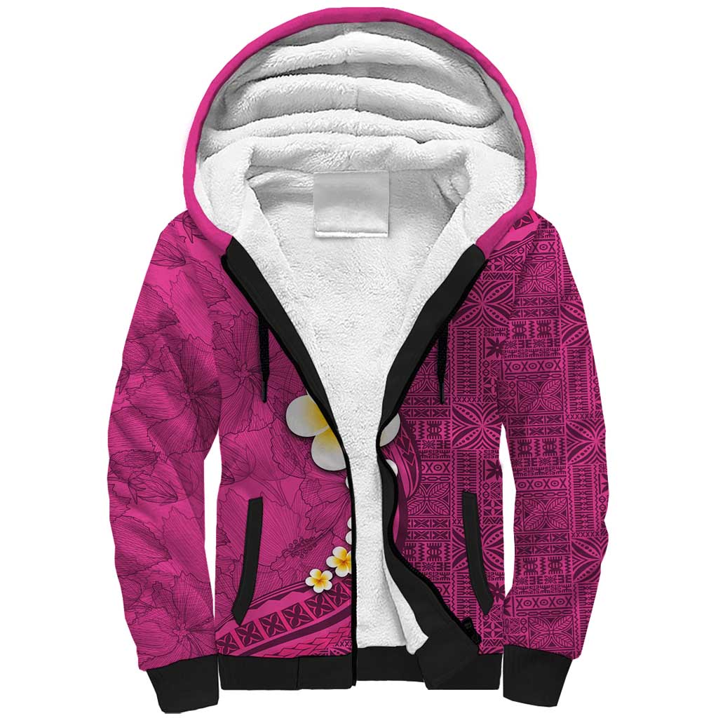 Polynesian Hibiscus and Plumeria with Tapa Pattern Sherpa Hoodie Pink Color LT03 Unisex Pink - Polynesian Pride