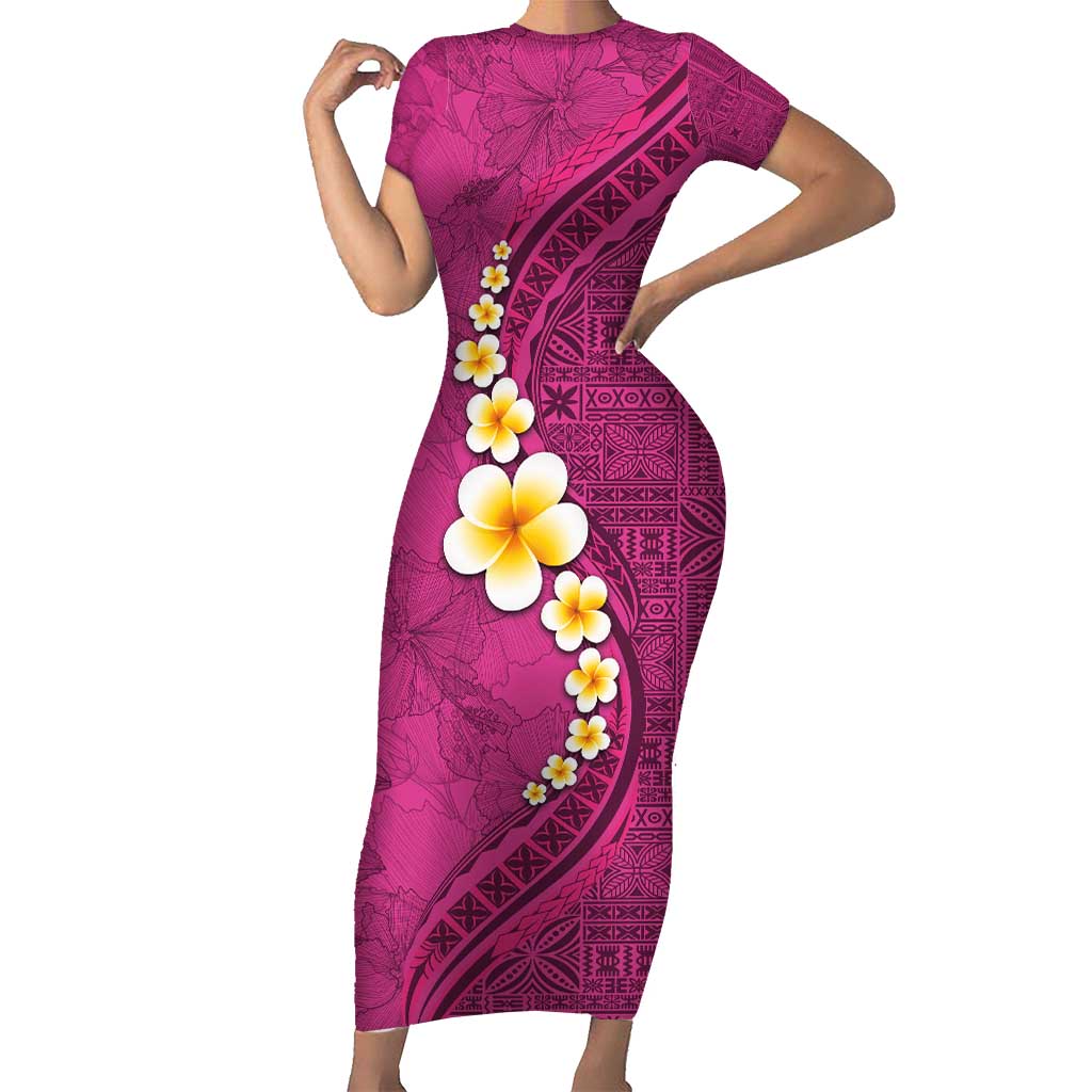 Polynesian Hibiscus and Plumeria with Tapa Pattern Short Sleeve Bodycon Dress Pink Color