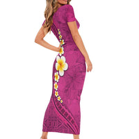 Polynesian Hibiscus and Plumeria with Tapa Pattern Short Sleeve Bodycon Dress Pink Color